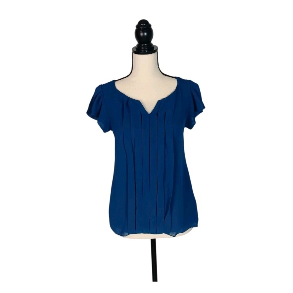 Express Blue Flutter Sleeve V-Neck  Pleated Office Siren Blouse